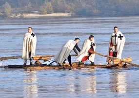 Teutonic Knights crossing Vistula river from Nieszawa (Kuiavia) to the Chełmno Land in 1231 to establish their first fortified base - Toruń. Reconstruction staging to commemorate the 775th anniversary of Toruń city rights.