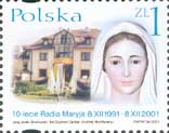 Polish stamp commemorating the 10th anniversary of Torun radio station Radio Maryja, 2001