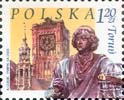 Polish stamp with the Torun themes: Old City Town Hall and Copernicus Monument, 2003