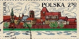 Polish stamp with Torun theme: River Vistula panorama of Torun Old Quarter, 1969. The stamp is one of eight in a series of Tourism.