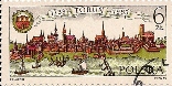 Polish stamp with Torun theme: Historical River Vistula Old Quarter panorama of Torun, 1983. The stamp was issued to commemorate the 750th anniversary of Torun city rights